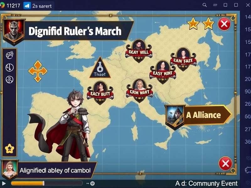 Dignified Ruler S March gameplay screenshot showing strategic map and character interface